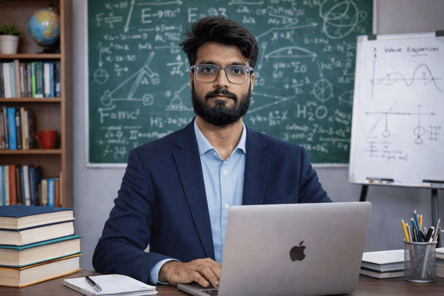 लैपटॉप के साथ डेस्क पर बैठा चश्माधारी व्यक्ति, पीछे गणितीय समीकरणों से भरा ब्लैकबोर्ड।